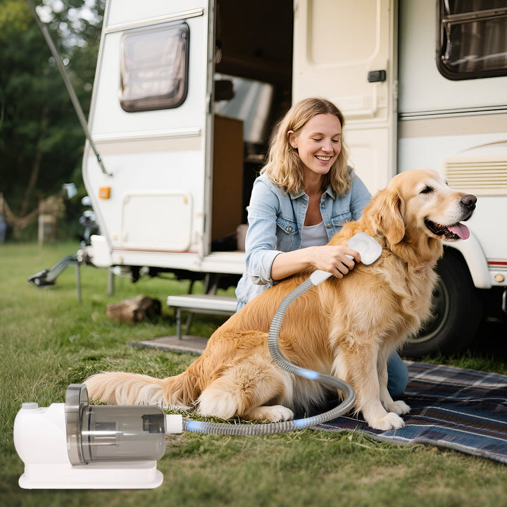 Quiet pet hair remover with vacuum suction, part of an essential grooming kit.