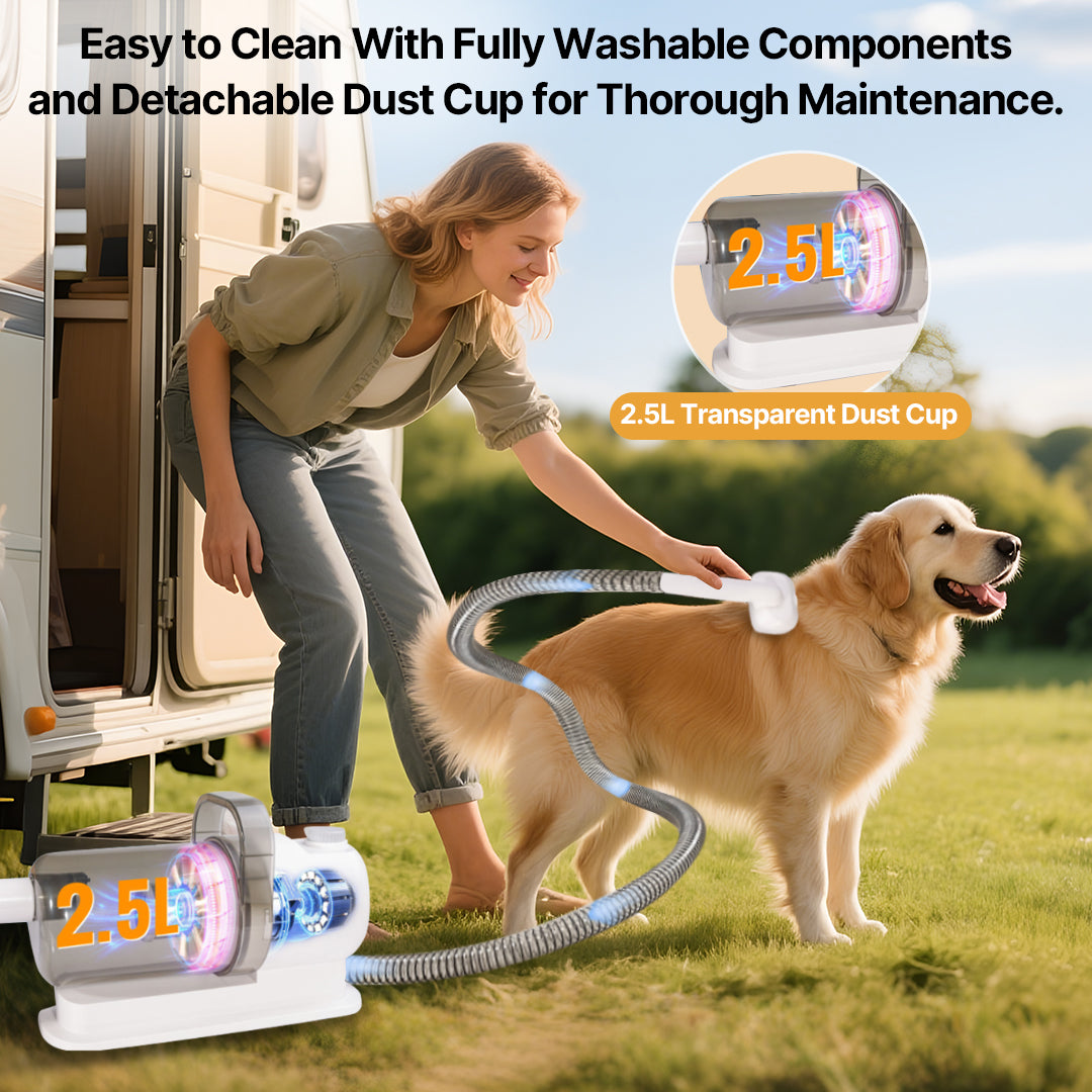 Travel-friendly pet grooming vacuum kit, quiet technology for any location.
