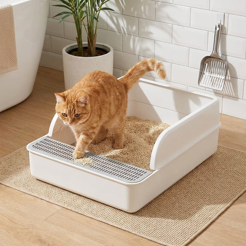 Pet No Mess Cat Litter Tray with High Walls and included Scoop for a cleaner home. Ideal for pet hygiene.