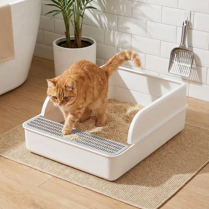 Pet No Mess Cat Litter Tray with High Walls and included Scoop for a cleaner home. Ideal for pet hygiene.
