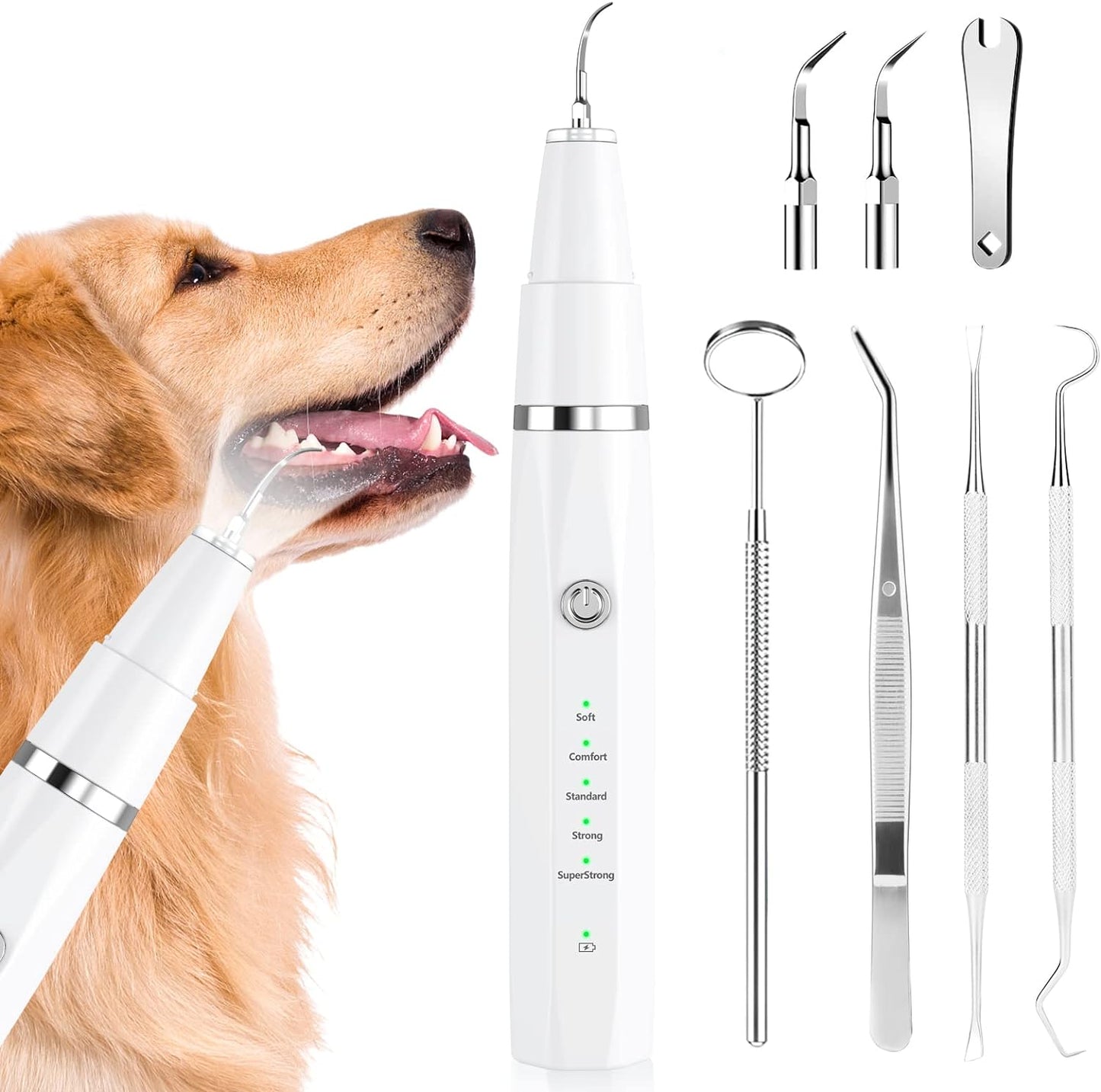 Ultrasonic tooth cleaner for dogs, a home pet grooming tool for gentle plaque & tartar removal, promoting healthy pet teeth.
