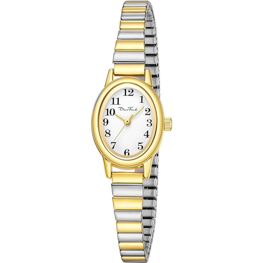 Petite elegant women's watch with a stainless steel case and analog display, a classic fashion accessory.