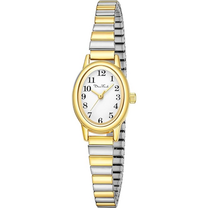 Petite elegant women's watch with a stainless steel case and analog display, a classic fashion accessory.