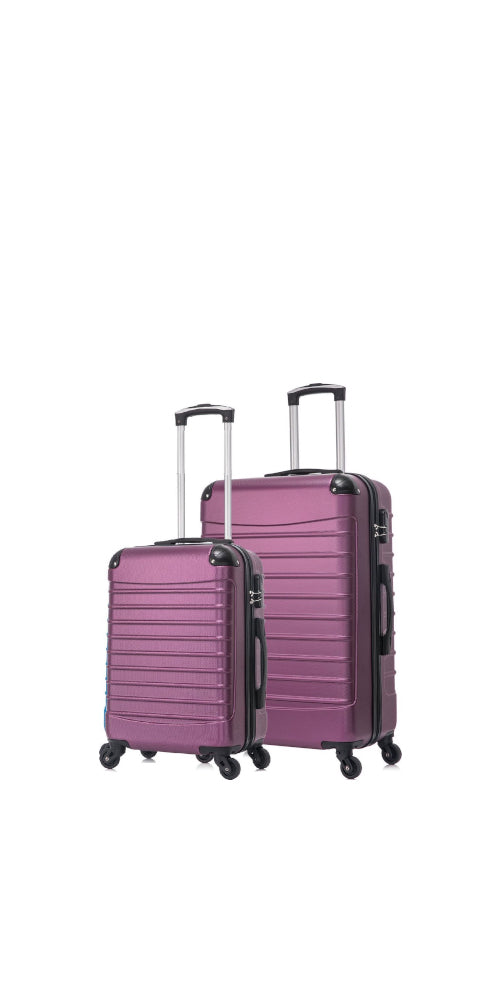 Pink 2-piece hardshell luggage set, durable spinner suitcases for travel, vacation essentials.