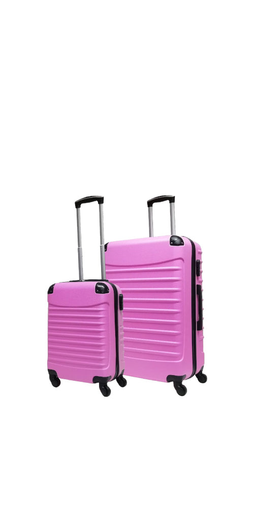 Pink 2-piece hardshell luggage set with spinner wheels for durable travel.