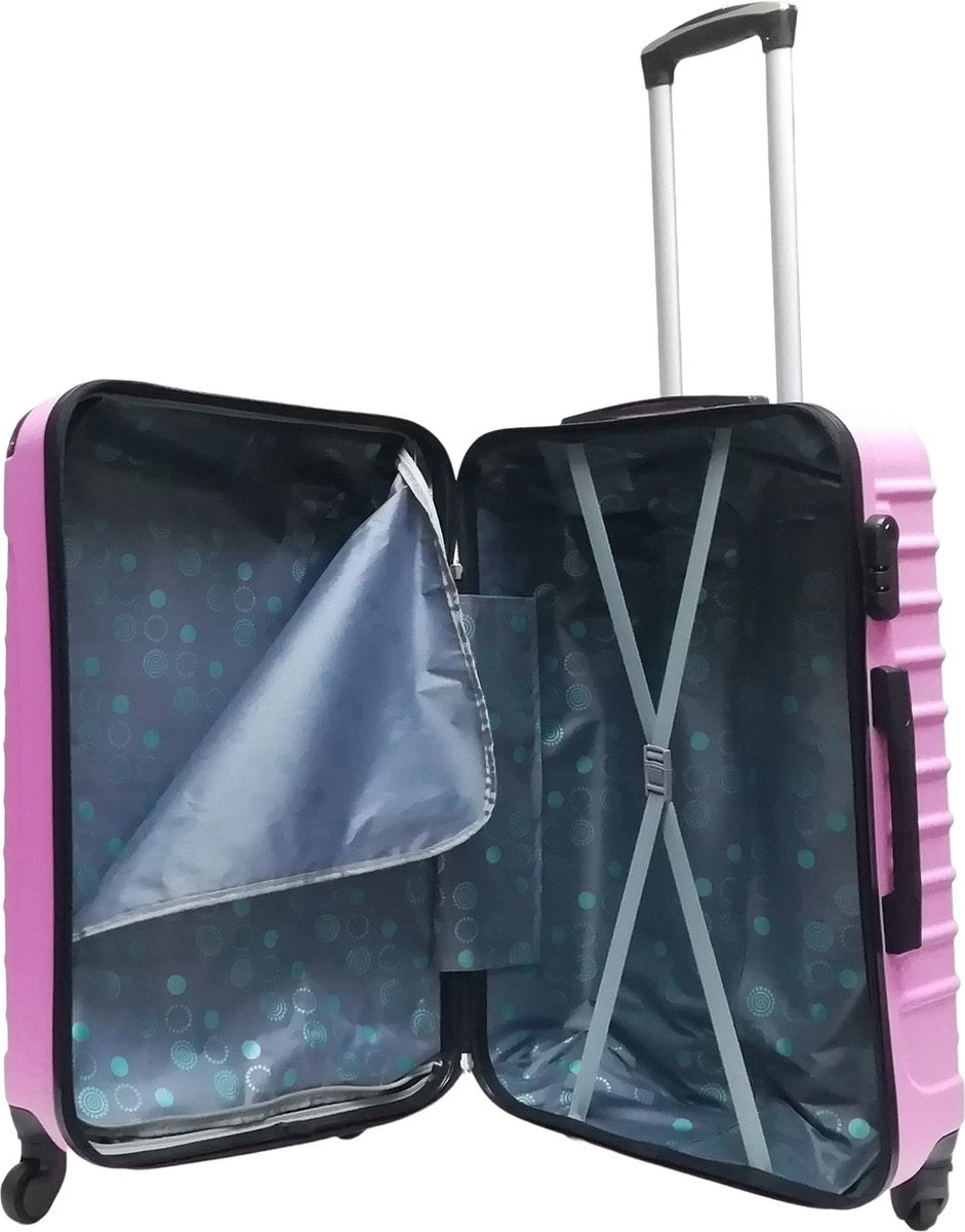 Compact pink hardshell carry-on & large checked suitcase; durable 2-piece travel set.