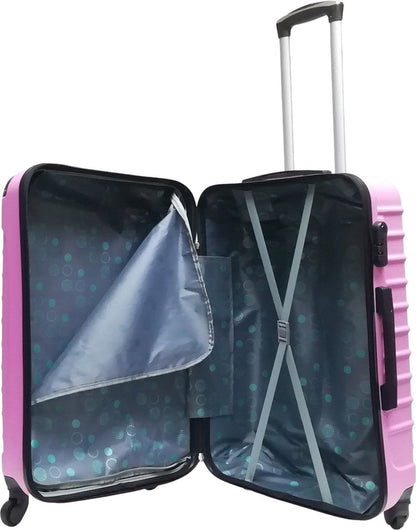 Compact pink hardshell carry-on & large checked suitcase; durable 2-piece travel set.