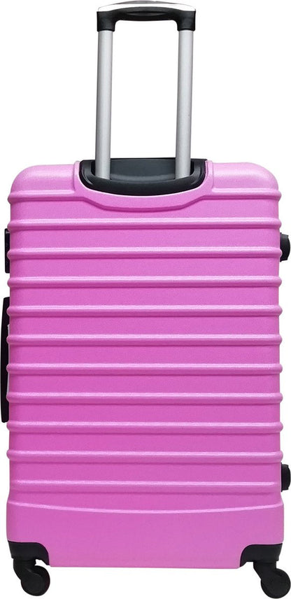 Complete pink hardshell travel luggage set: 2 durable suitcases with spinner wheels.