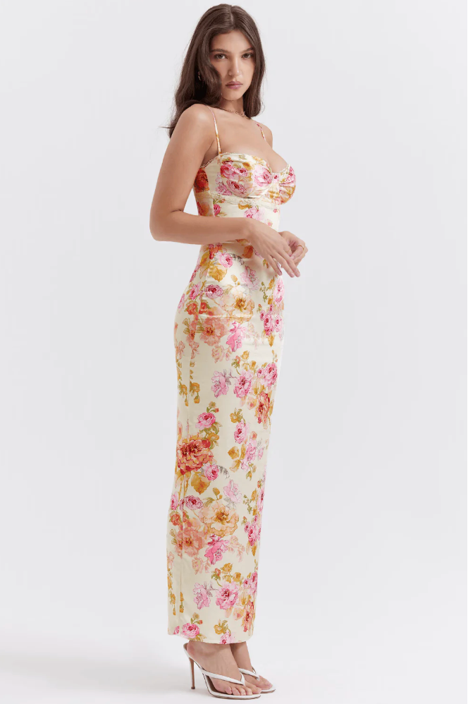 Stunning pink floral maxi slip dress with a structured corset bodice, an elegant choice for women's special events.