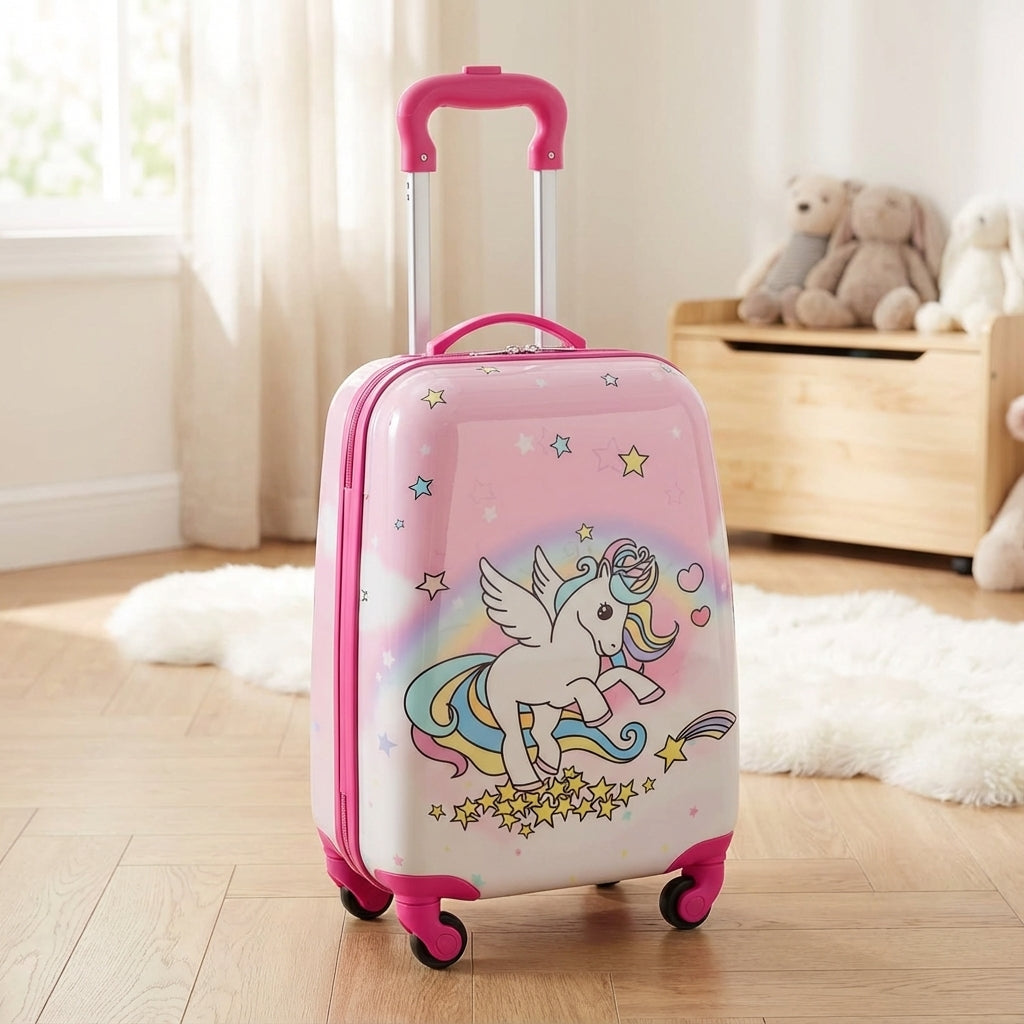 Pink unicorn hardshell kids' suitcase with smooth spinner wheels, perfect lightweight children's luggage for travel.