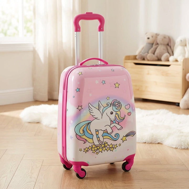 Pink unicorn hardshell kids' suitcase with smooth spinner wheels, perfect lightweight children's luggage for travel.