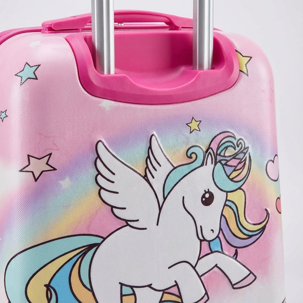Bright pink unicorn kids' hardshell luggage. This spinner travel bag offers easy rolling for young travelers.