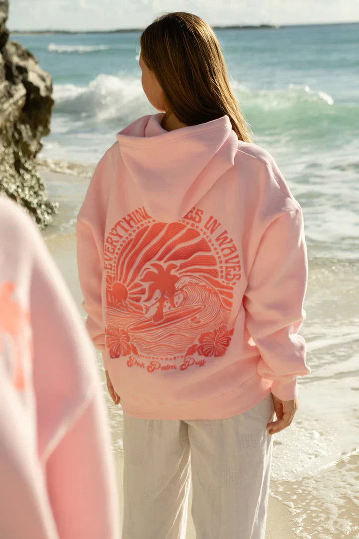 Pink women's relaxed fit summer hoodie, a casual pullover top perfect for warm weather layering and comfort.