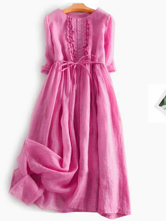 Pink Women's Romantic Ruffle Summer Midi Dress, perfect for casual outings or elegant beach wear.
