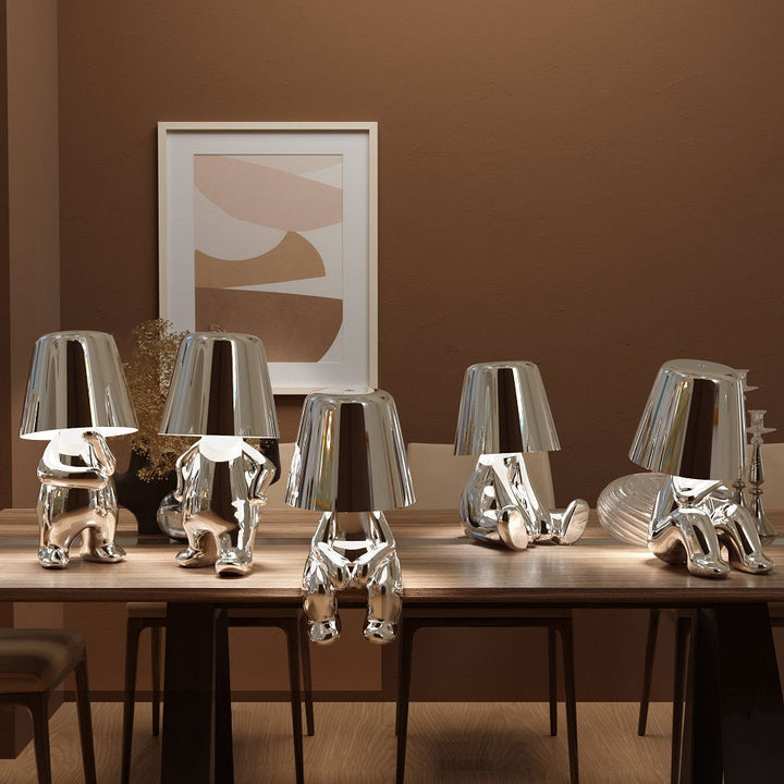 Artistic LumoPals LED table lamp, touch control, rechargeable & portable design.