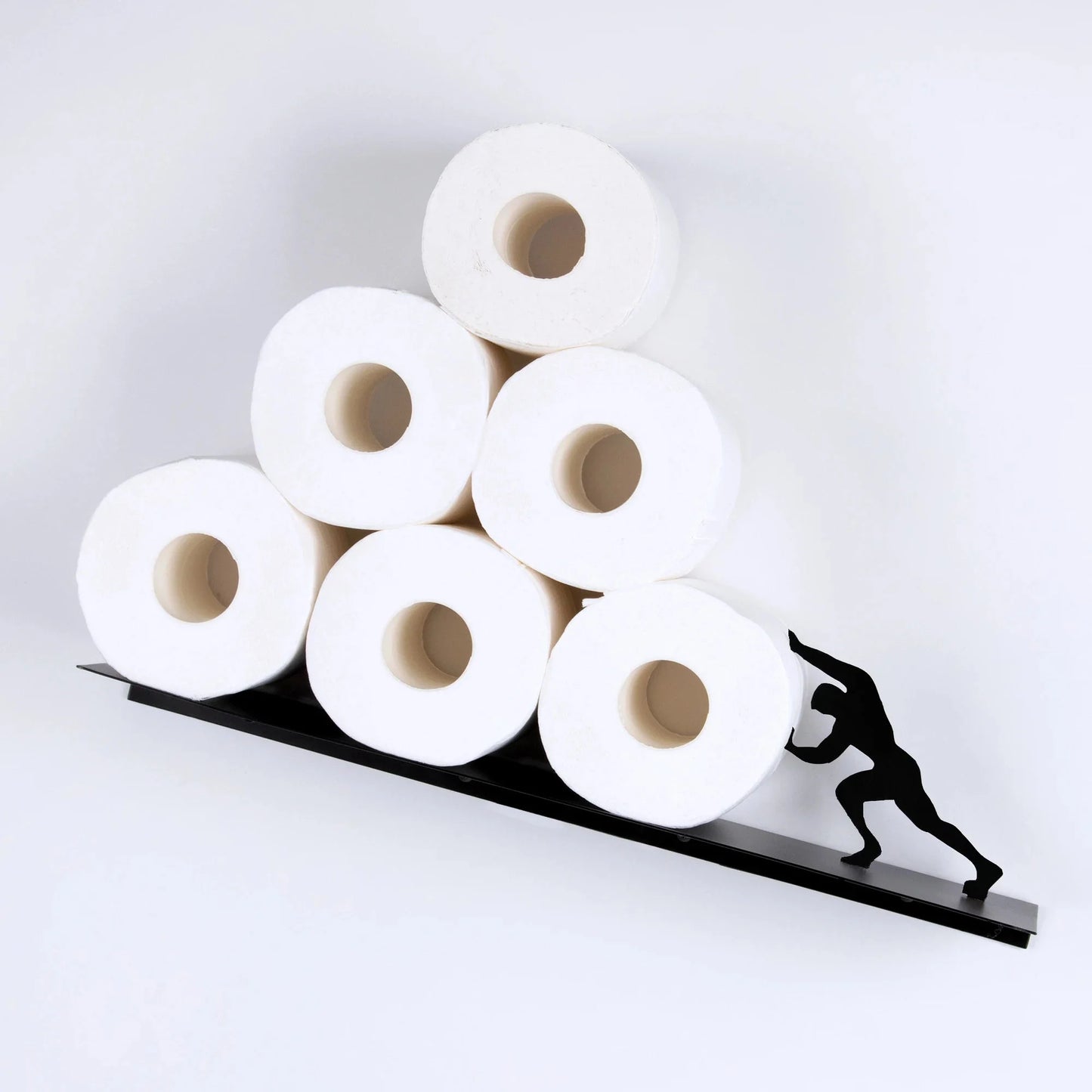 Playful Rolling Design Bathroom Storage Shelf. Modern black iron organizer for toilet paper, towels, and decor.