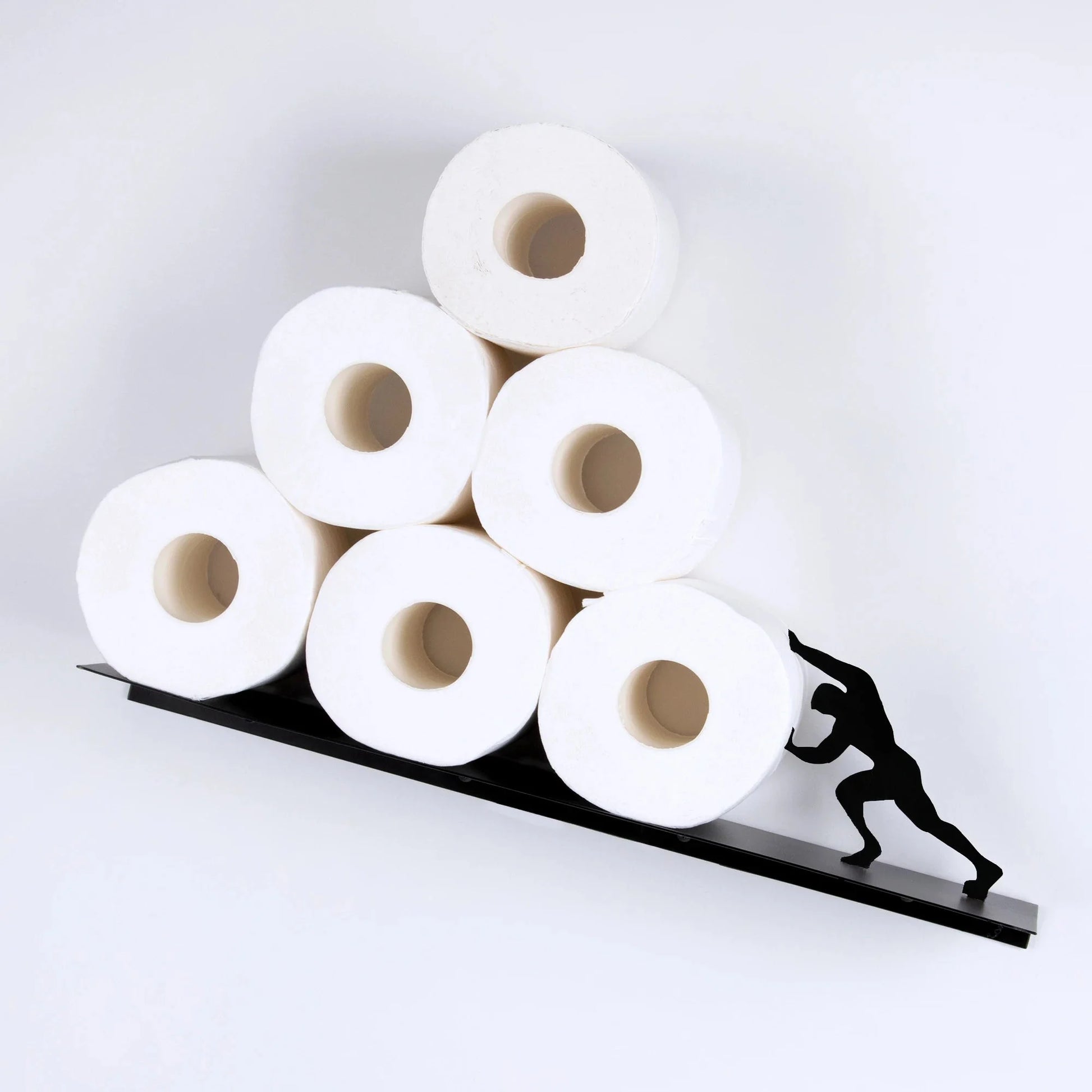 Playful Rolling Design Bathroom Storage Shelf. Modern black iron organizer for toilet paper, towels, and decor.