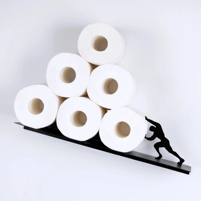 Playful Rolling Design Bathroom Storage Shelf. Modern black iron organizer for toilet paper, towels, and decor.