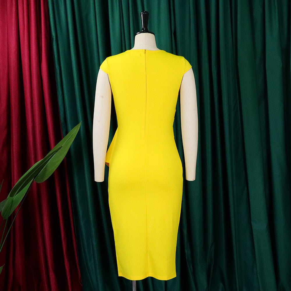 Modern workwear: plus-size asymmetrical sleeveless midi dress for elegant women.
