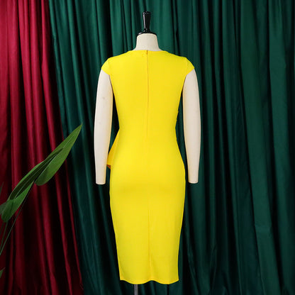 Modern workwear: plus-size asymmetrical sleeveless midi dress for elegant women.