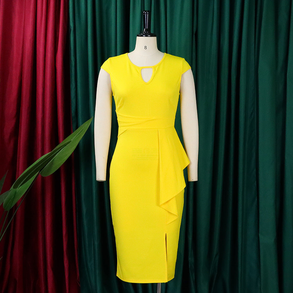 Party-ready plus-size asymmetrical sleeveless dress, chic and elegant women's fashion.