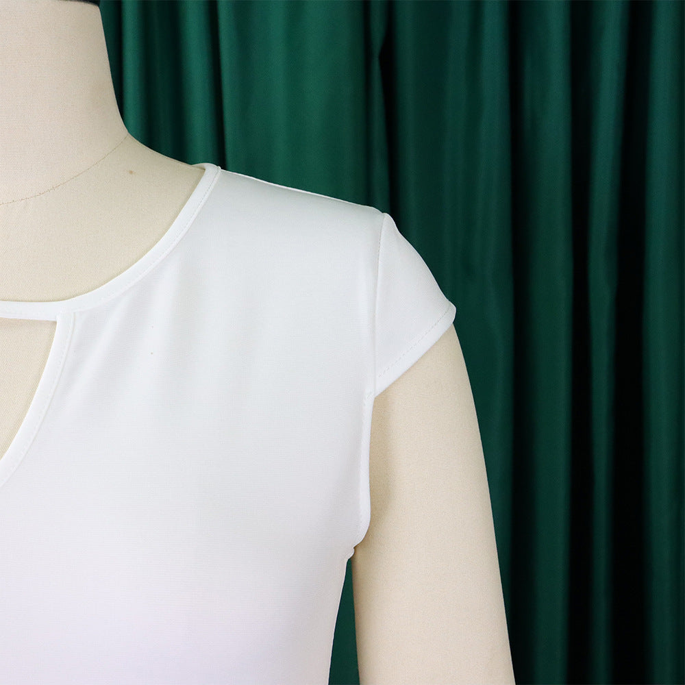 Modern asymmetrical midi dress, plus-size women's elegant sleeveless attire.