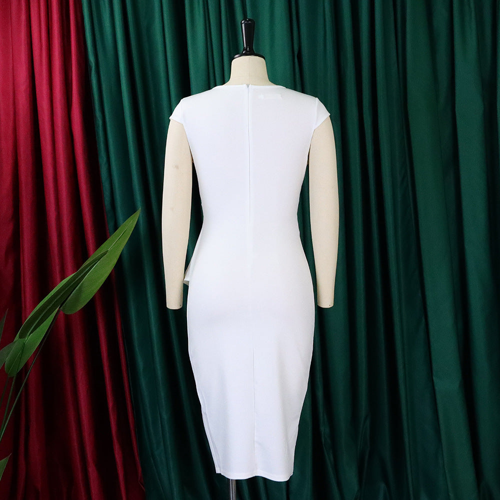 Sleek asymmetrical plus-size midi dress, sleeveless and modern for any occasion.