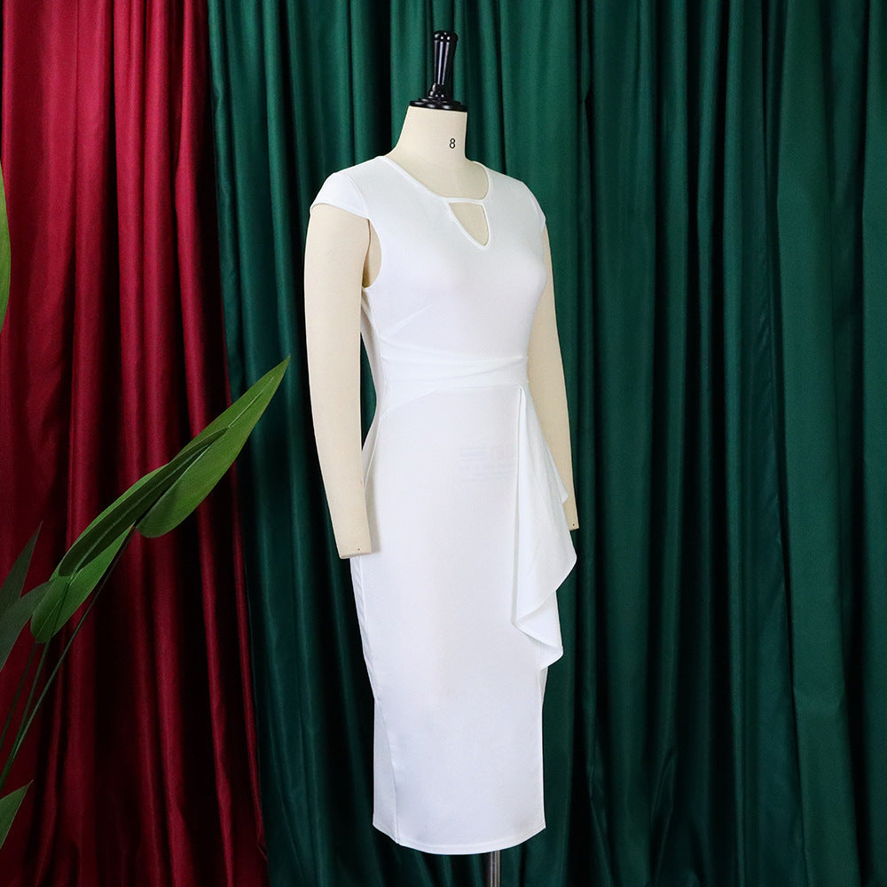 Fashionable plus-size women's dress, asymmetrical sleeveless for elegant workwear.