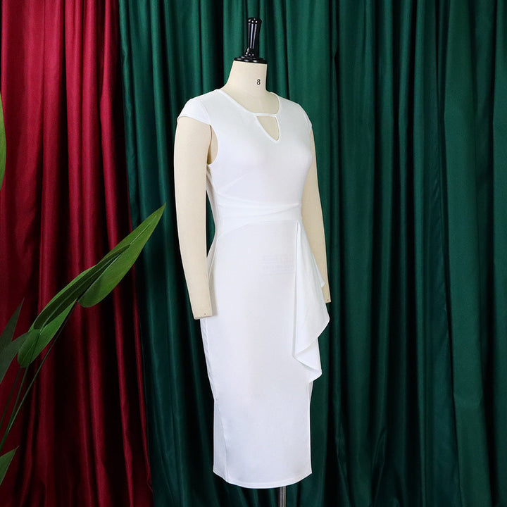 Fashionable plus-size women's dress, asymmetrical sleeveless for elegant workwear.