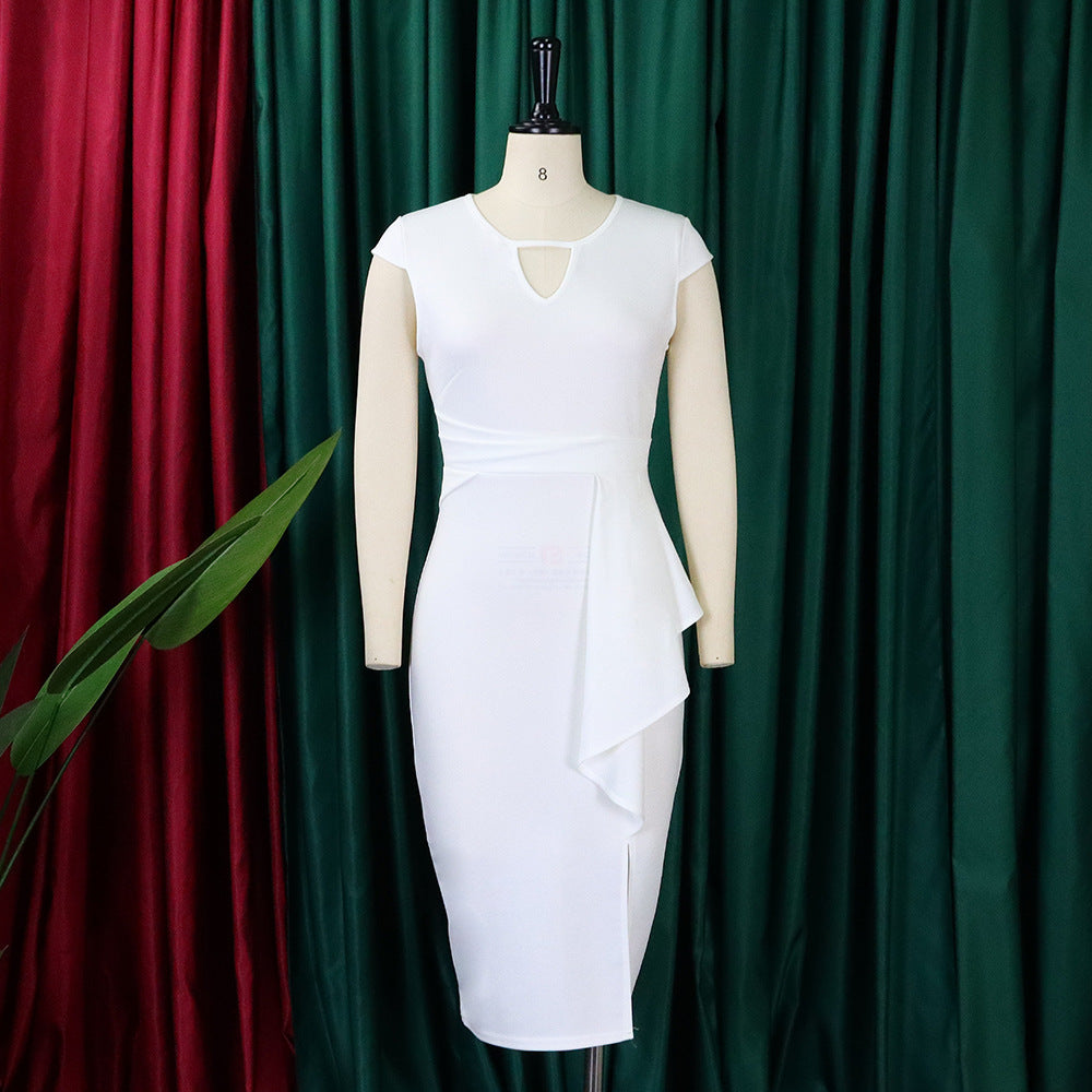 Chic sleeveless plus-size dress, asymmetrical cut, perfect for modern elegant parties.