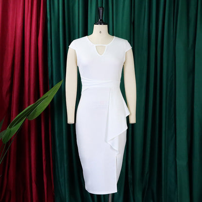 Chic sleeveless plus-size dress, asymmetrical cut, perfect for modern elegant parties.
