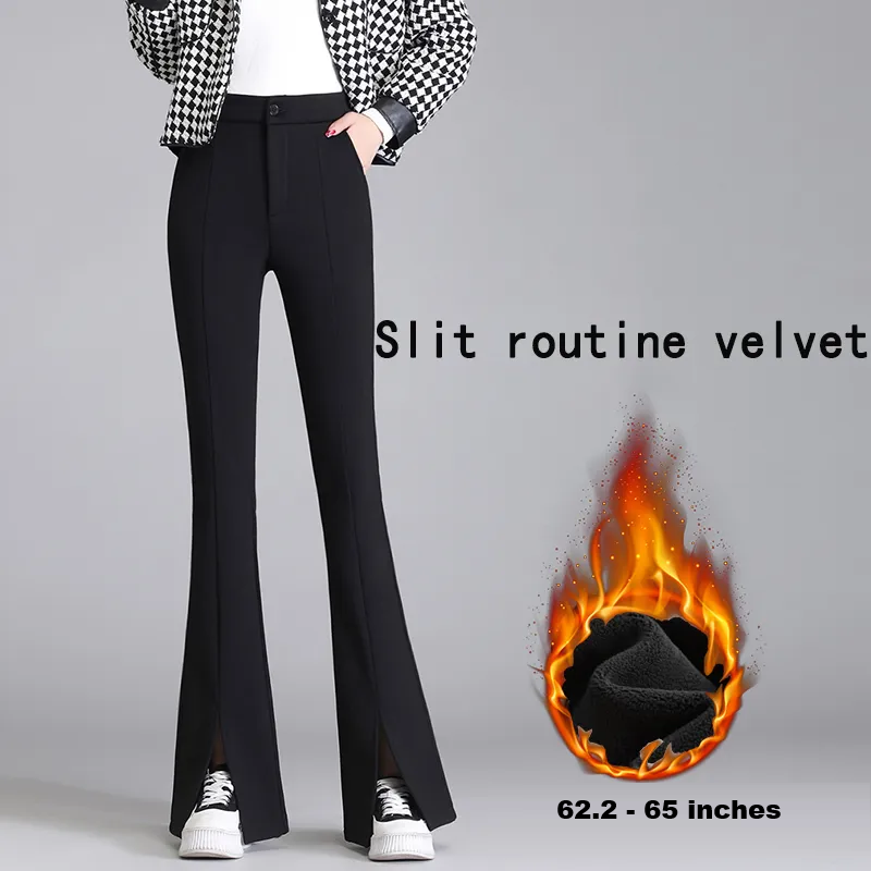 Fashion-forward black plus size women's pants: high waist, flared, & chic front leg slits. Retro style.
