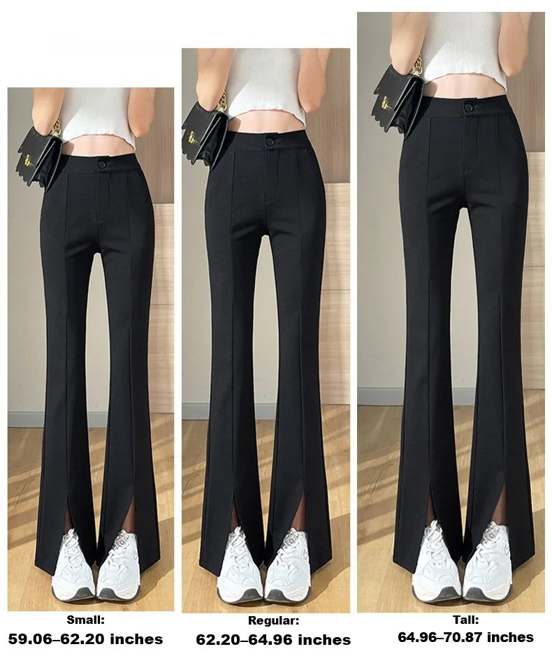 Women's black plus size flared pants with stylish front leg slits. Versatile, comfortable, high-waisted.