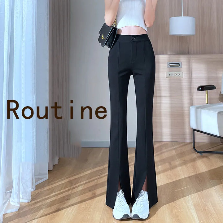 Comfortable black plus size pants for women, flared design with fashionable front slits. Perfect for any season.
