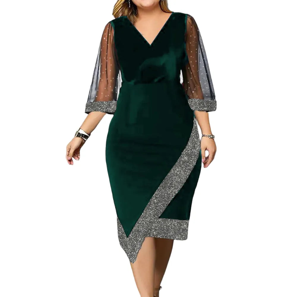 Plus-size elegant fall party dress with sheer long sleeves & sparkly details. Glamorous special occasion wear.