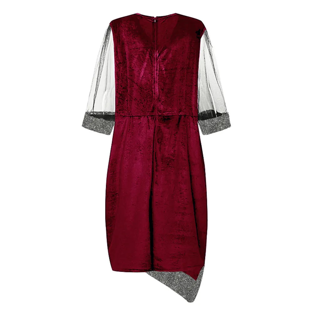 Formal plus-size dress with elegant sparkle. Comfortable long sleeve party wear for fall events.