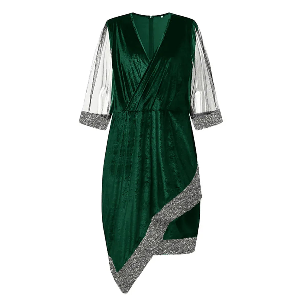 Plus-size elegant cocktail dress. Glamorous long sleeve style with sheer details for fall parties.