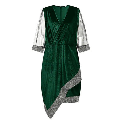 Plus-size elegant cocktail dress. Glamorous long sleeve style with sheer details for fall parties.