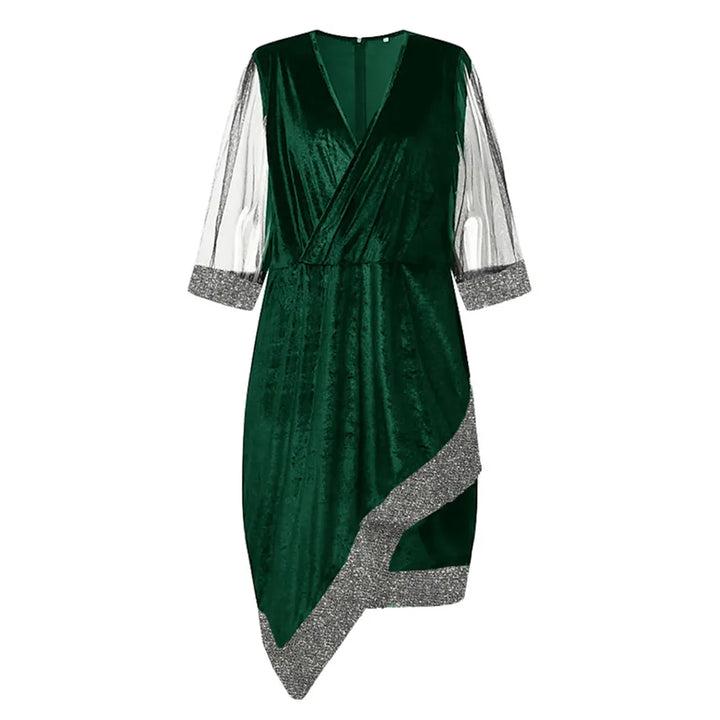 Plus-size elegant cocktail dress. Glamorous long sleeve style with sheer details for fall parties.