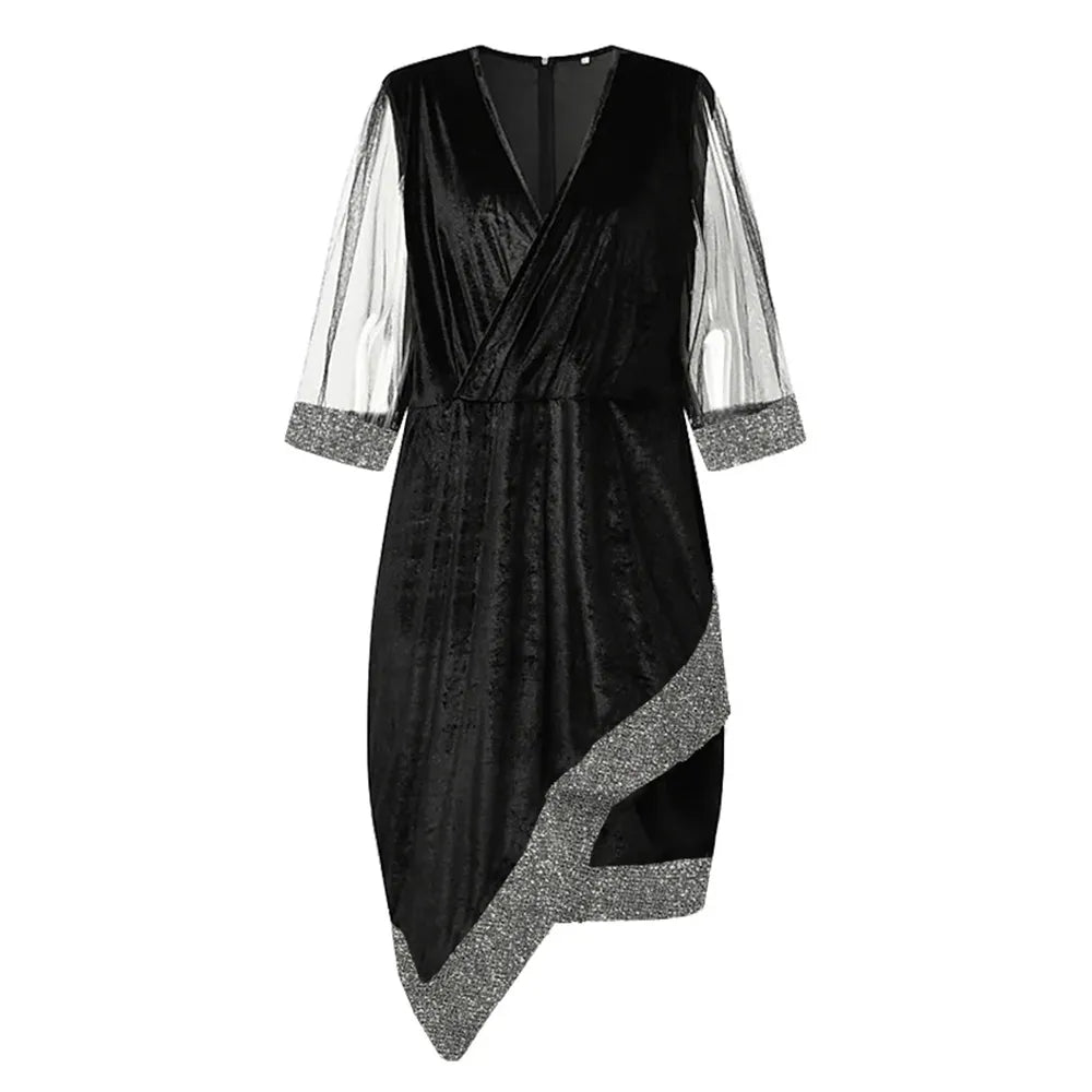 Glamorous plus-size fall fashion dress. Elegant long sleeve design with sophisticated sheer details.