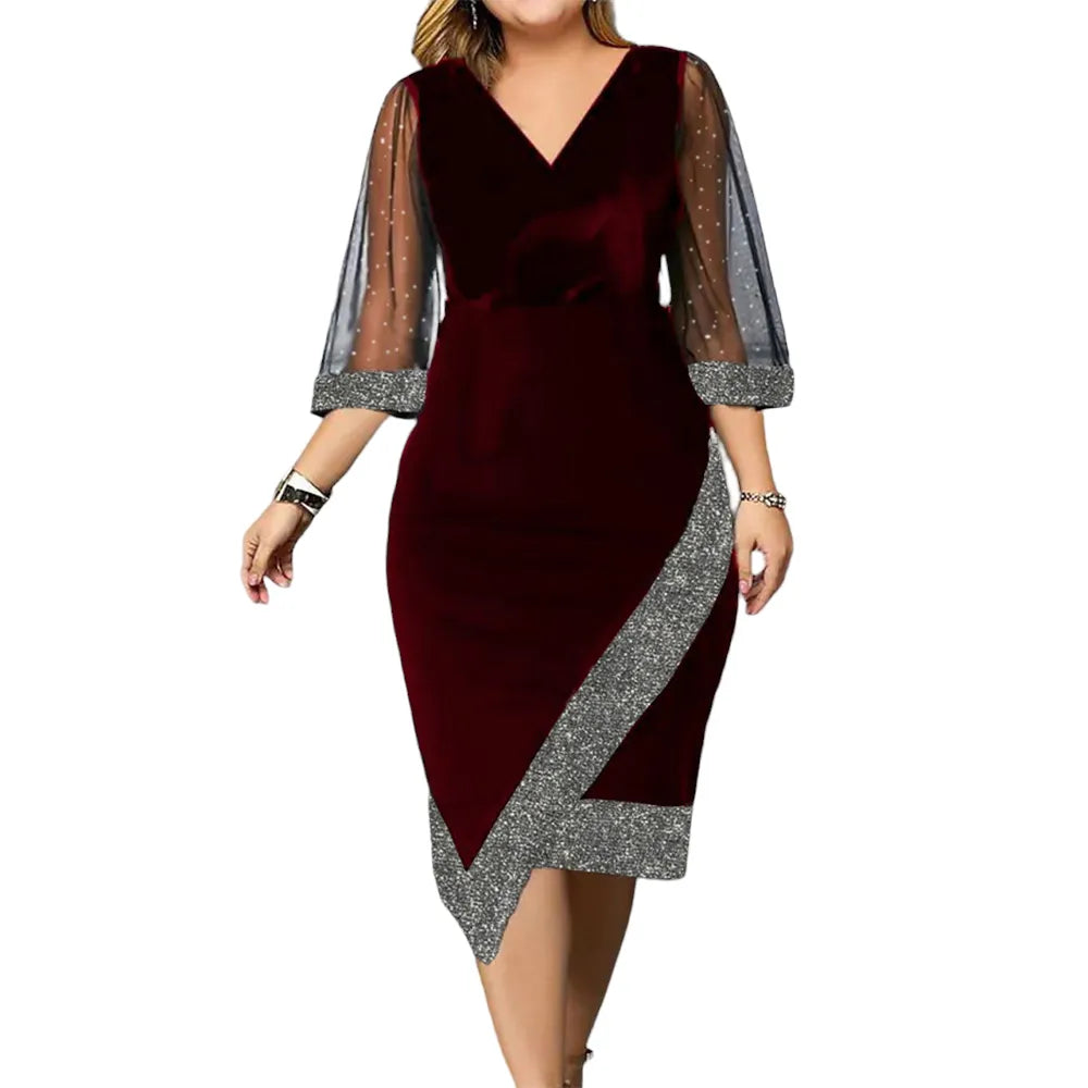 Women's plus-size fall evening gown, elegant & glamorous. Comfortable formal wear for special events.