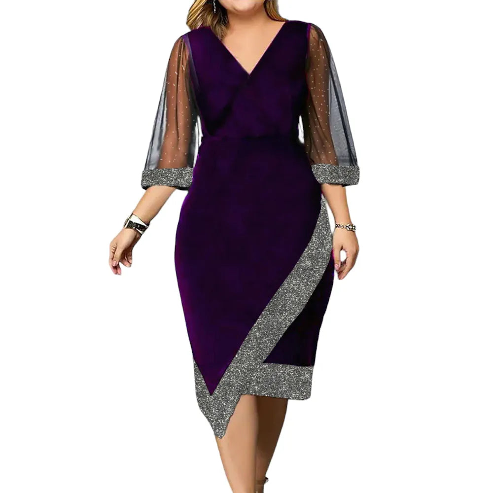 Sparkly plus-size cocktail dress with sheer long sleeves. Sophisticated & elegant for fall parties.