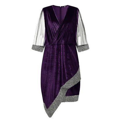 Elegant plus-size dress with sheer long sleeves. Glamorous fall party wear, perfect for special events.