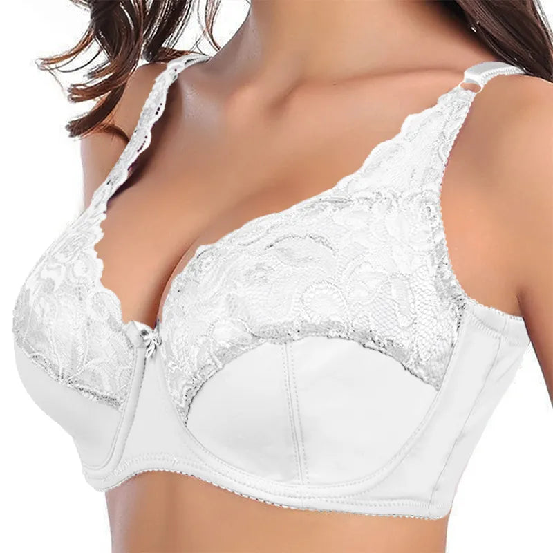 Women's plus-size underwire bra with lace overlay, offering push-up support and all-day comfort.