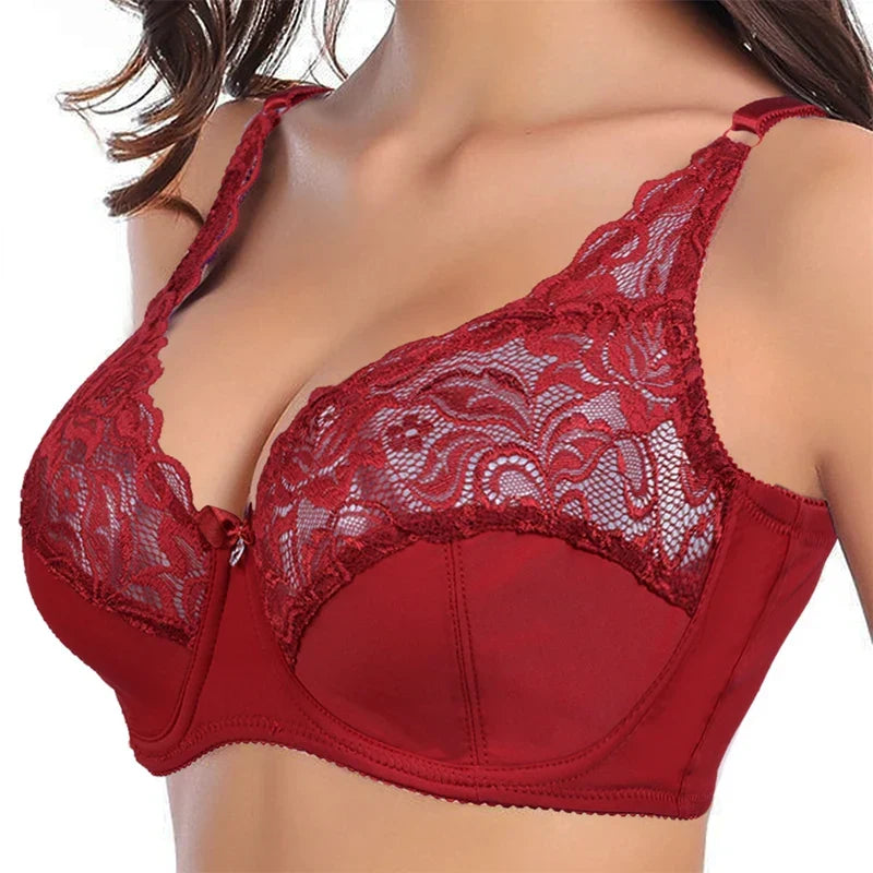 Front view of a nude plus-size lace push-up bra, offering full support and natural shaping for women.