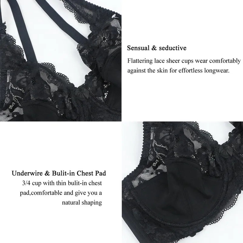 Close-up of intricate lace detail on a women's plus-size comfort bra, providing style and support.