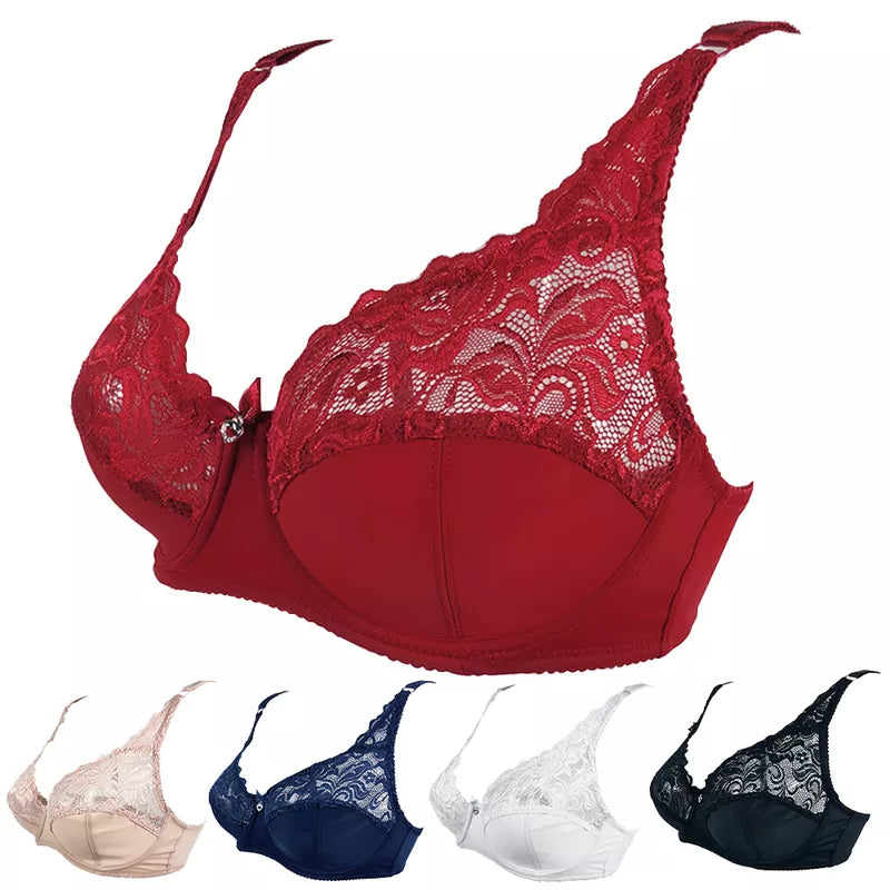 Model wearing a stylish plus-size push-up bra with lace, showcasing ultimate lift & confident comfort.