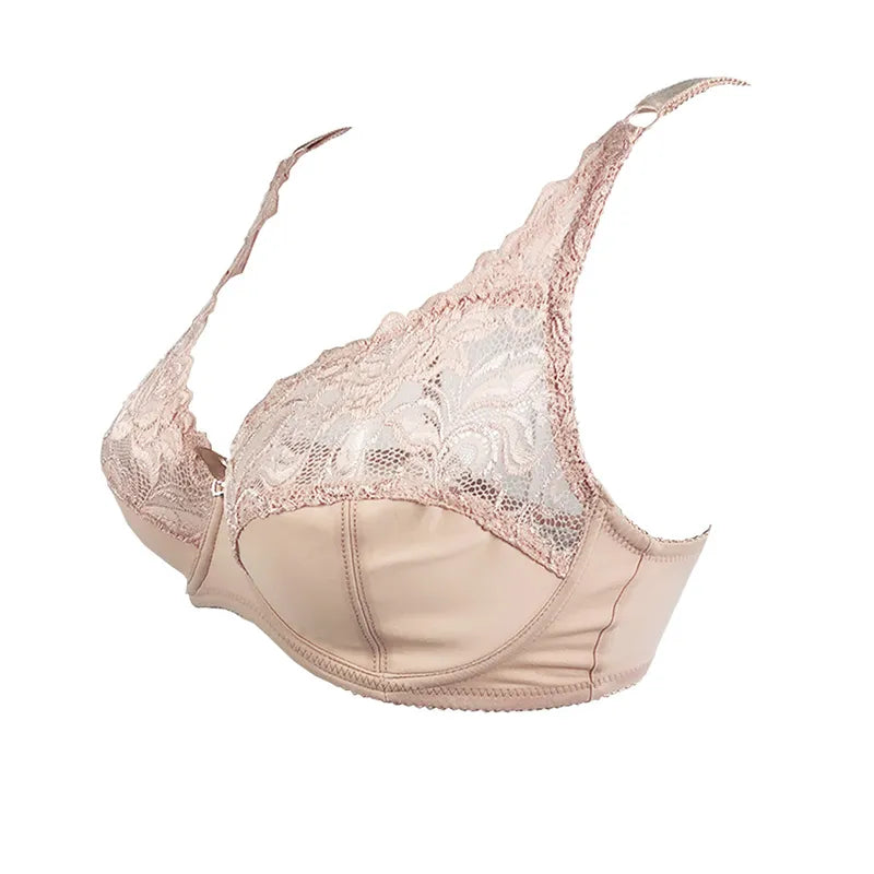 Back view of a plus-size lace bra, highlighting adjustable straps & secure hook-and-eye closure for women.