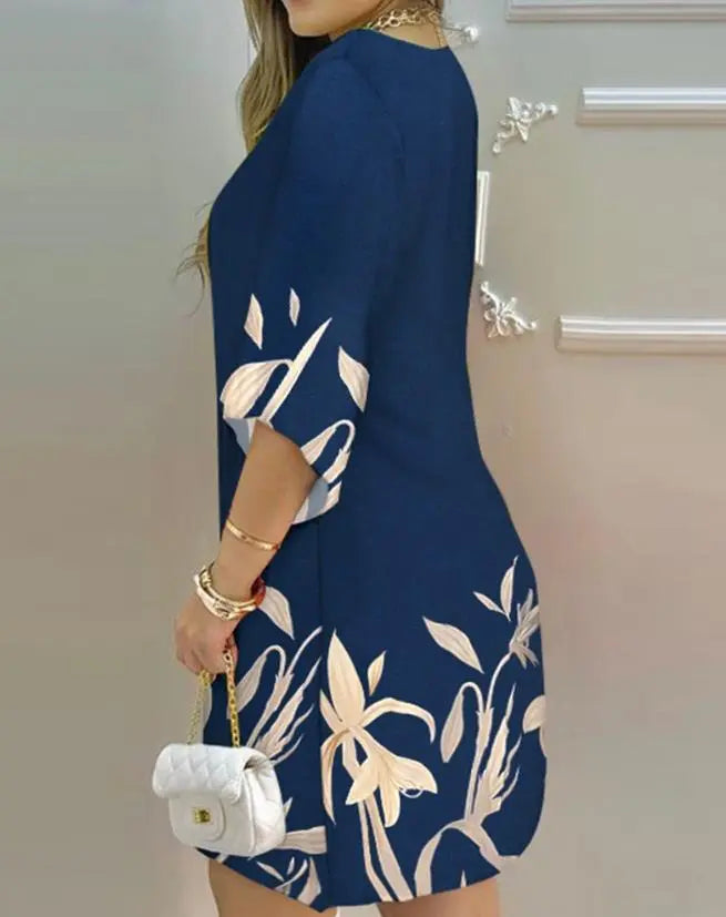 Versatile plus size botanical print dress for women. Comfortable and elegant for casual wear or fall events.