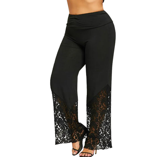 Plus-size women's comfortable lace wide-leg lounge pants. High-waist, relaxed fit for everyday casual wear.